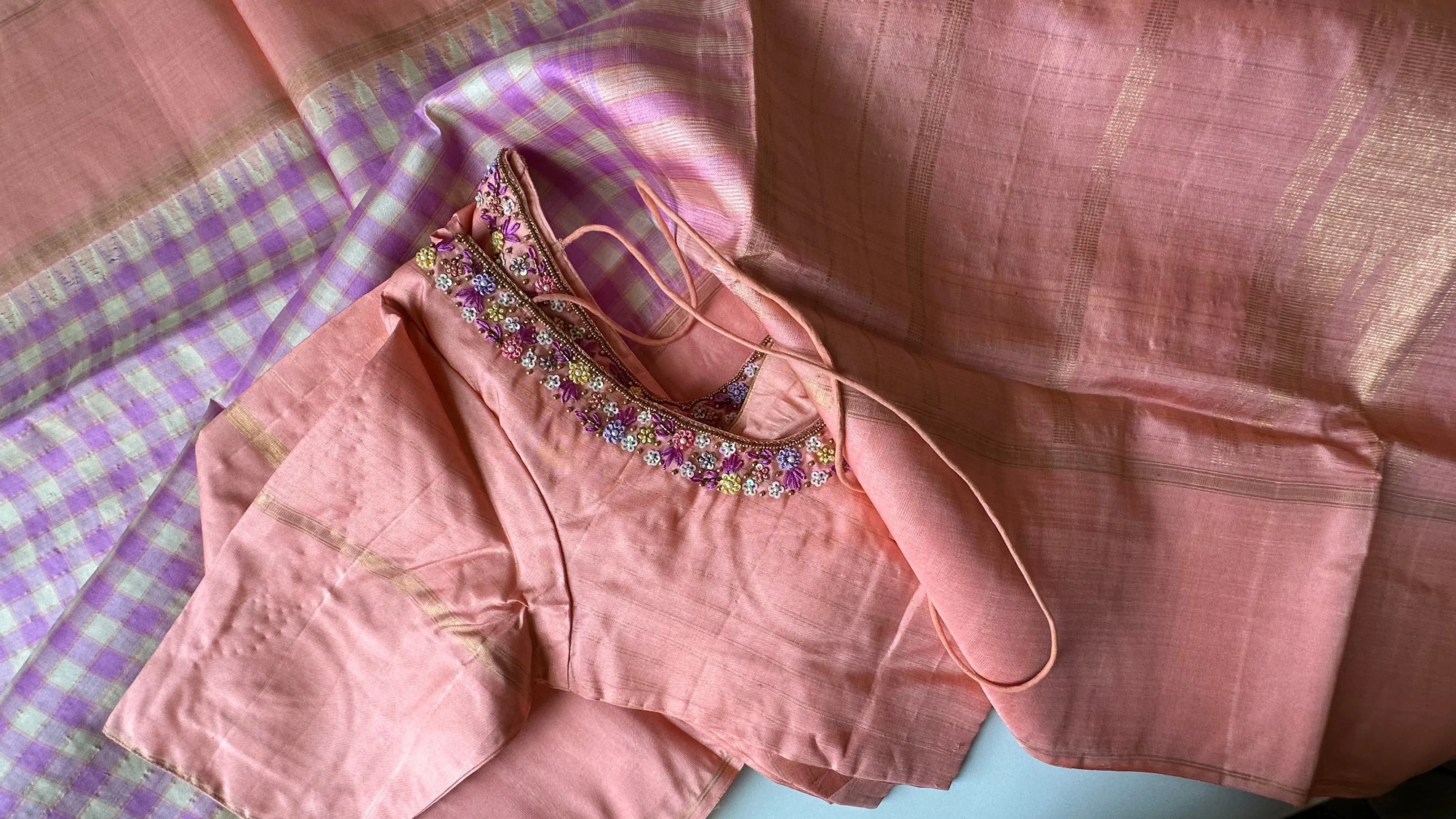 Pastel pure kanjivaram  silk checks saree with hand embroidered blouse