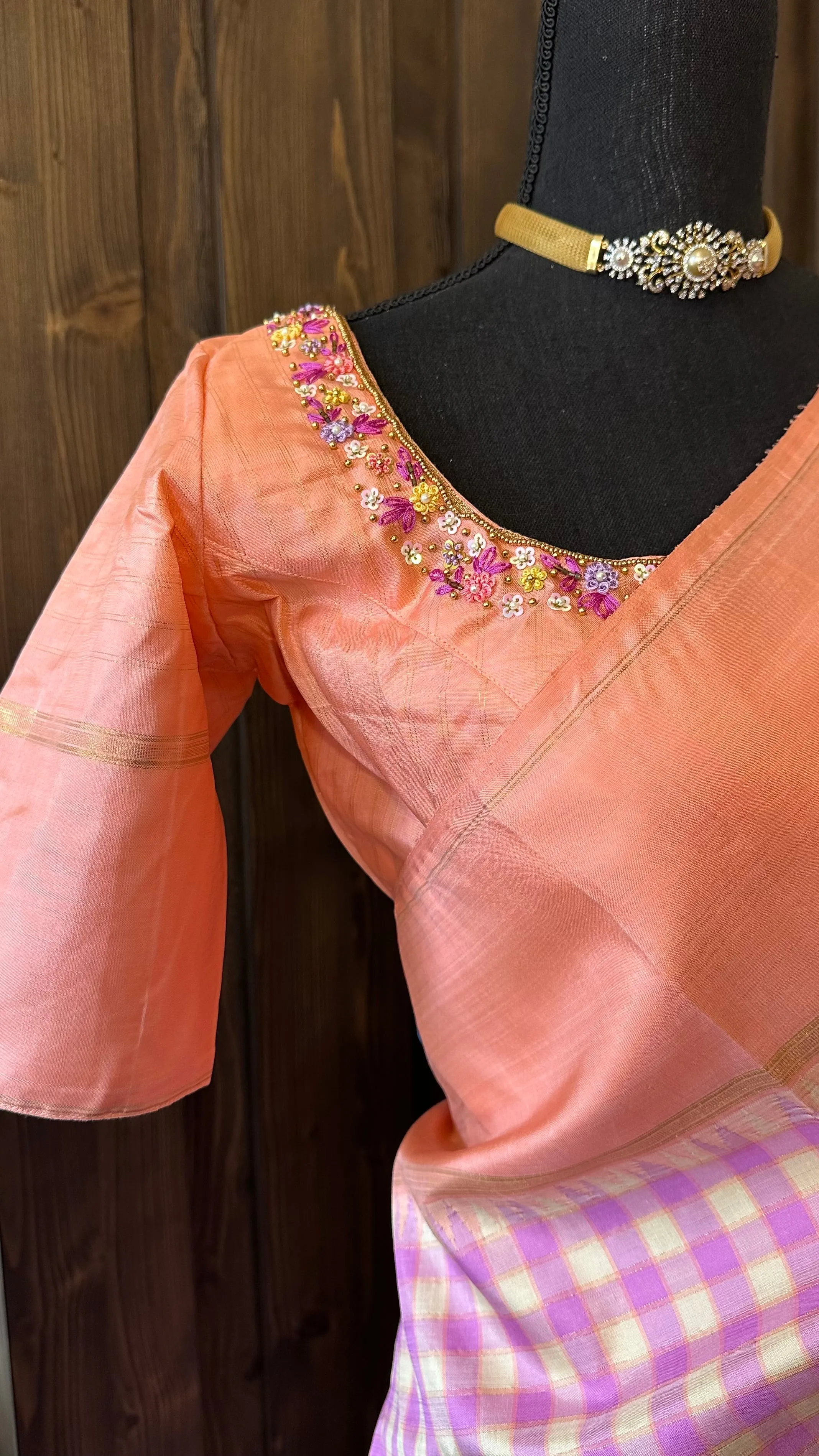 Pastel pure kanjivaram  silk checks saree with hand embroidered blouse