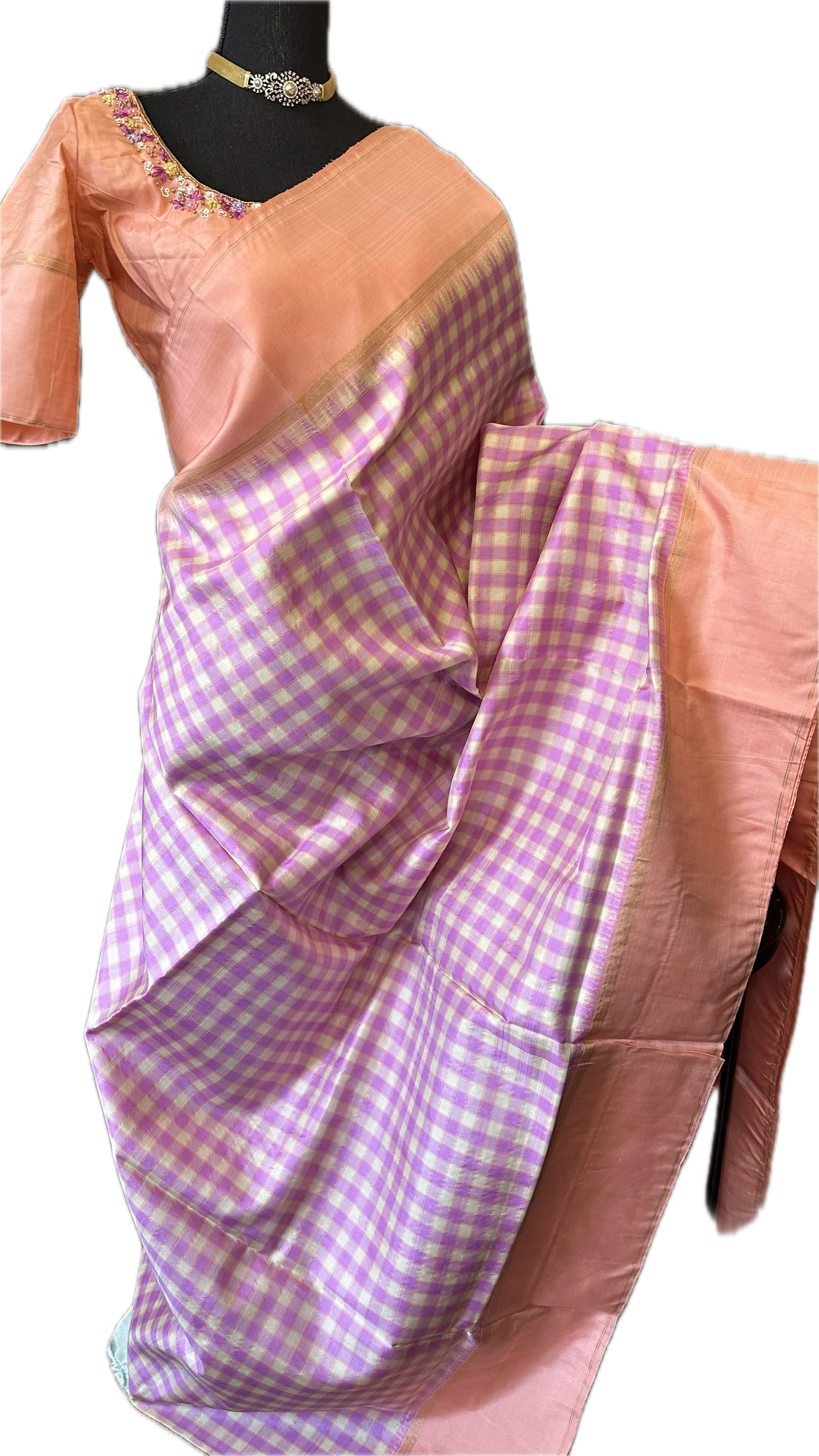 Pastel pure kanjivaram  silk checks saree with hand embroidered blouse