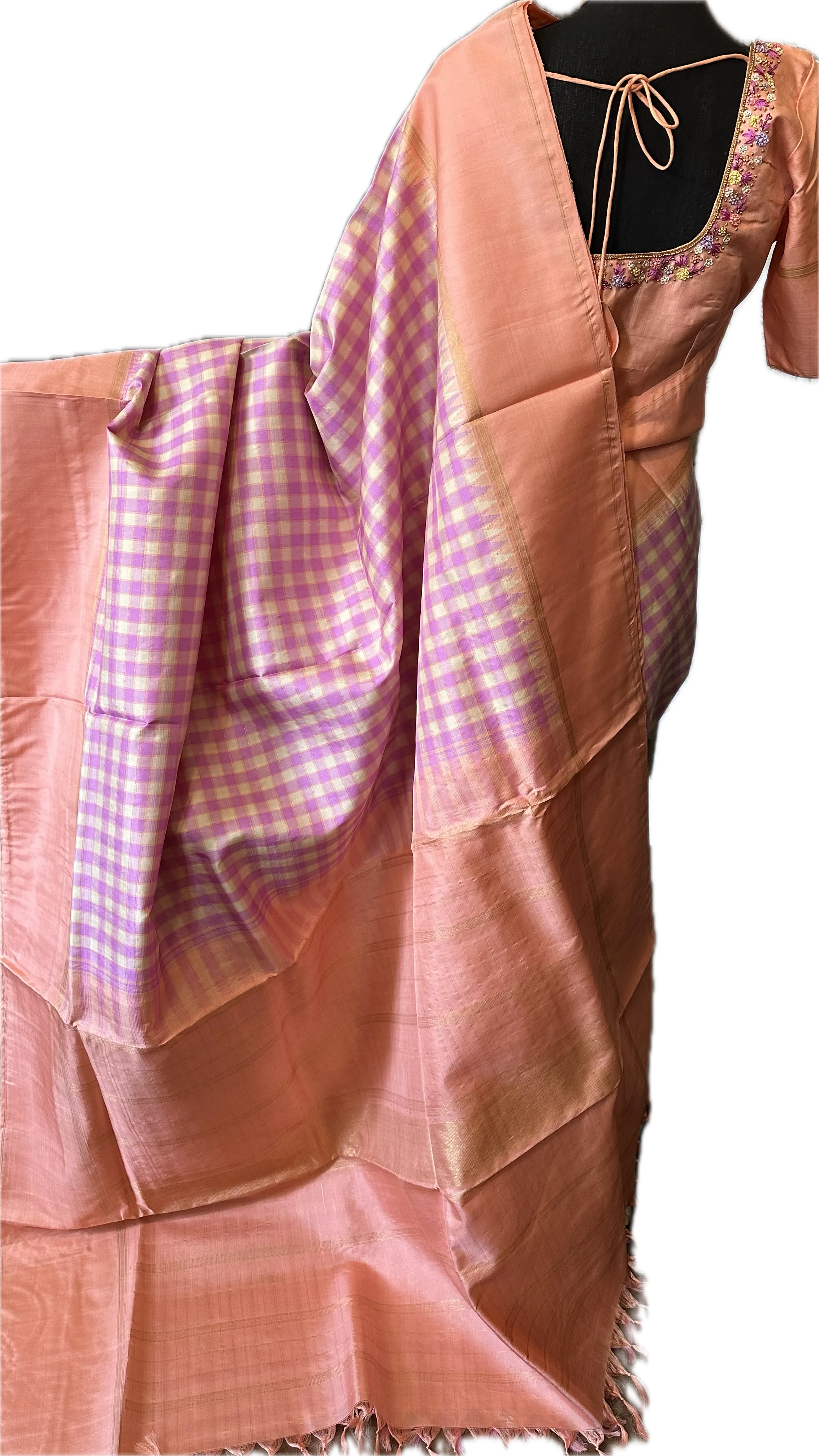 Pastel pure kanjivaram  silk checks saree with hand embroidered blouse