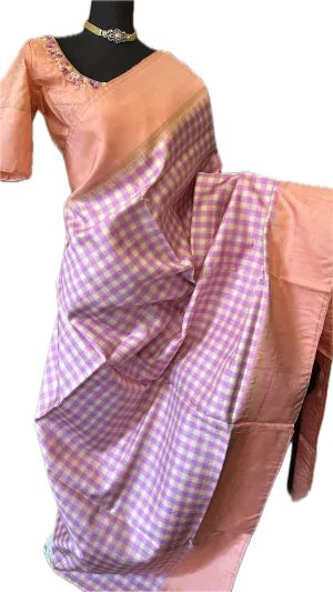 Pastel pure kanjivaram  silk checks saree with hand embroidered blouse