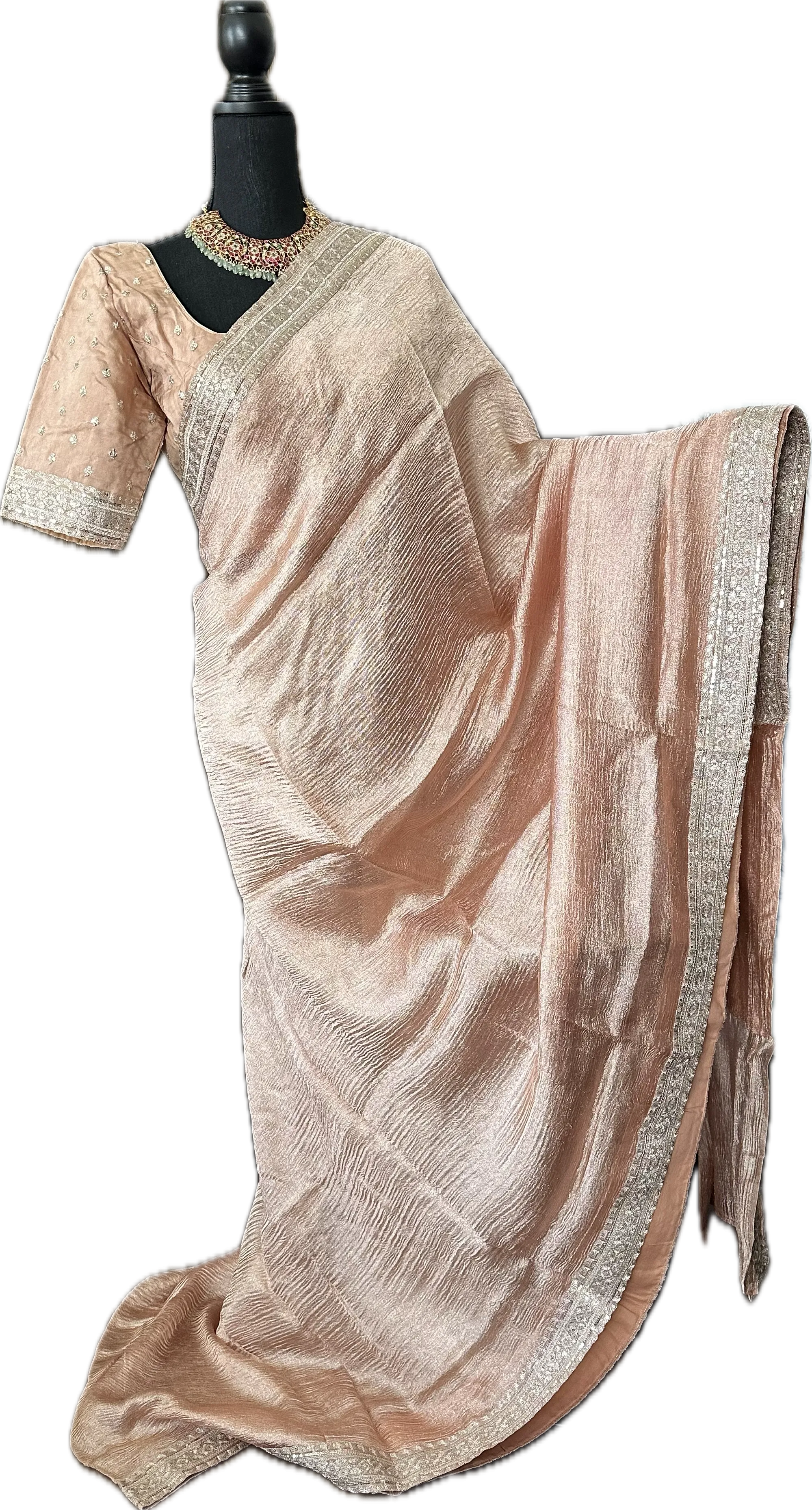 Pastel tissue crushed silk saree with embroidered blouse easy drape online shopping usa