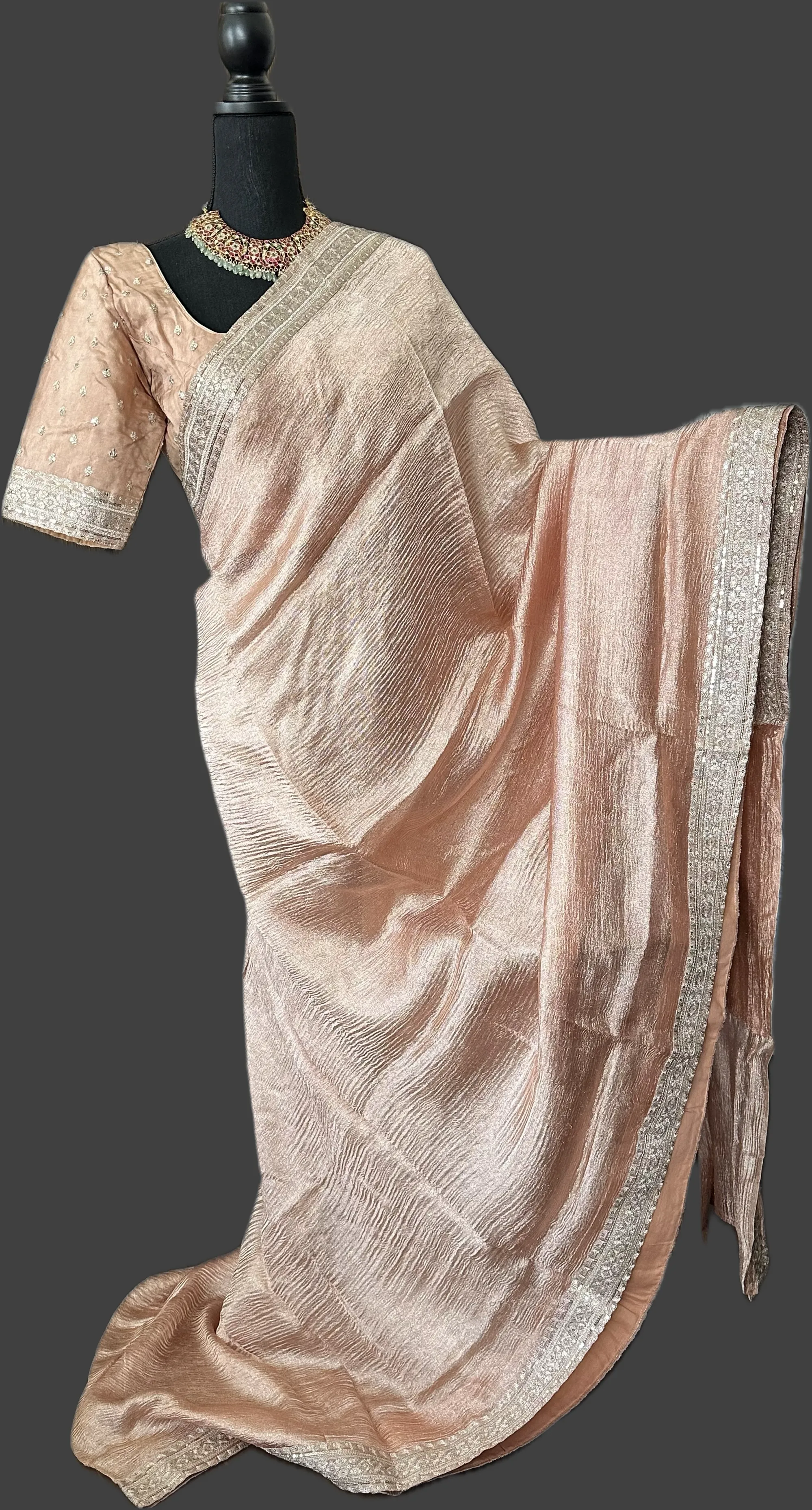 Pastel tissue crushed silk saree with embroidered blouse easy drape online shopping usa