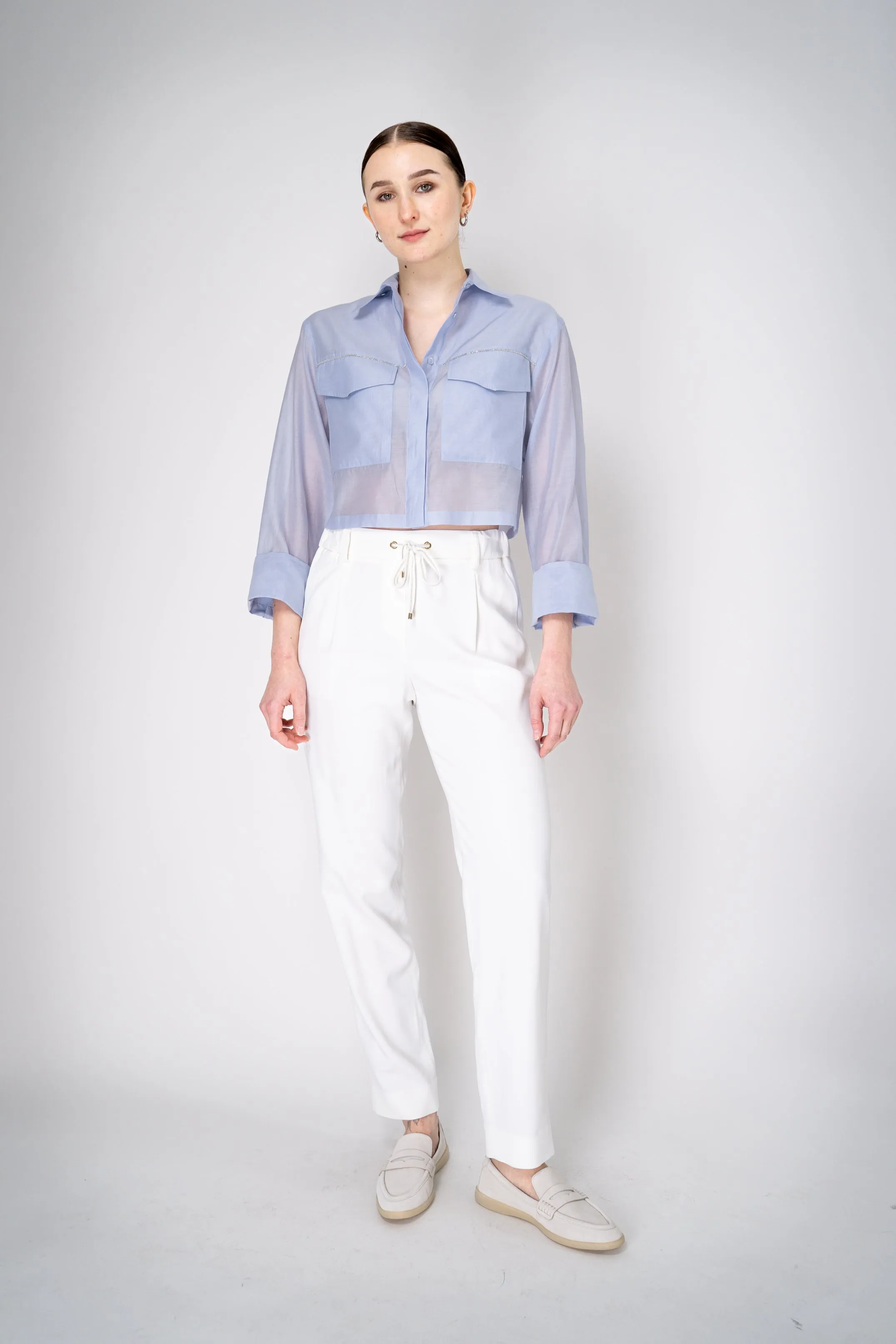 Peserico Cropped Lightweight Cotton Voile Blouse in Light Blue