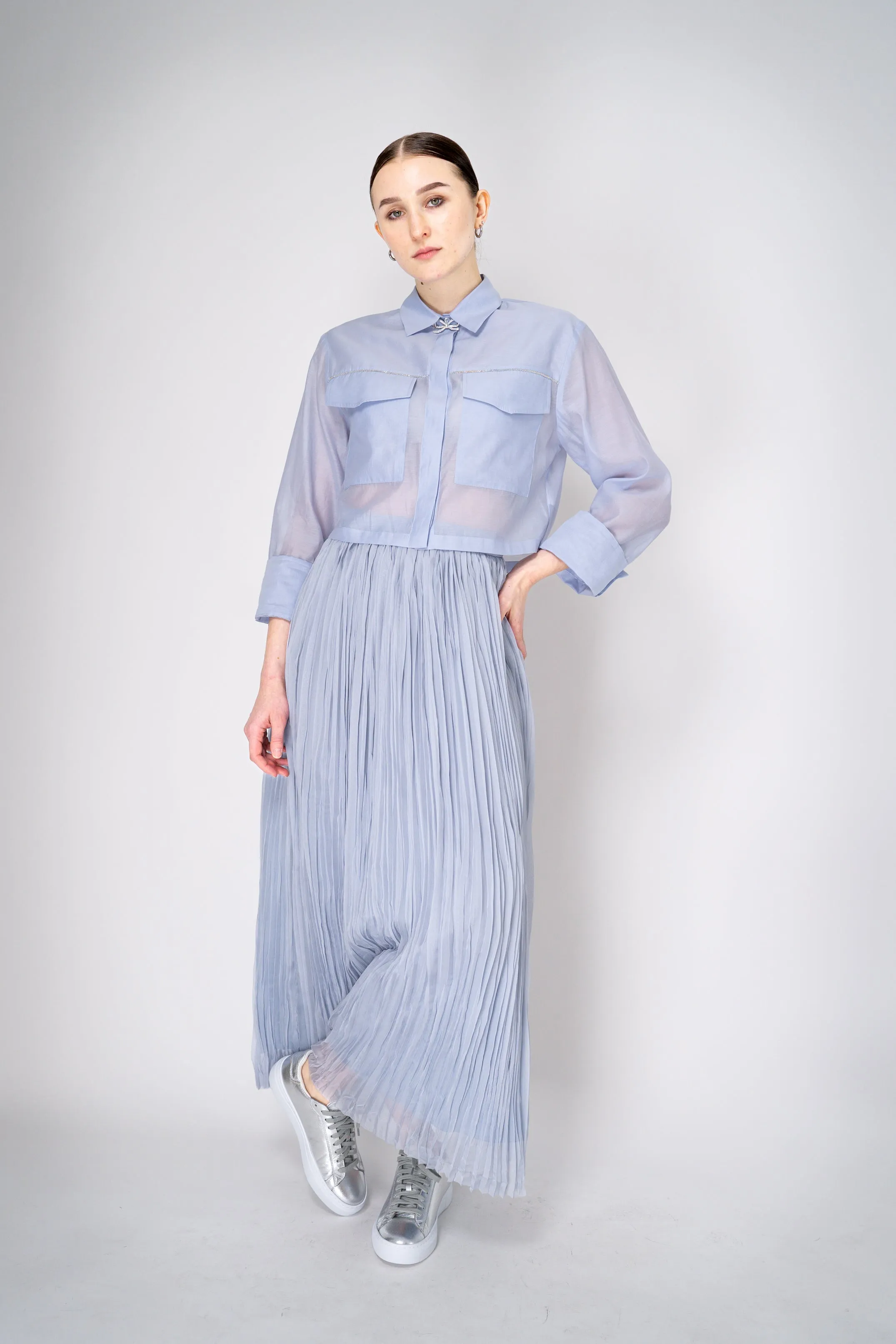 Peserico Cropped Lightweight Cotton Voile Blouse in Light Blue