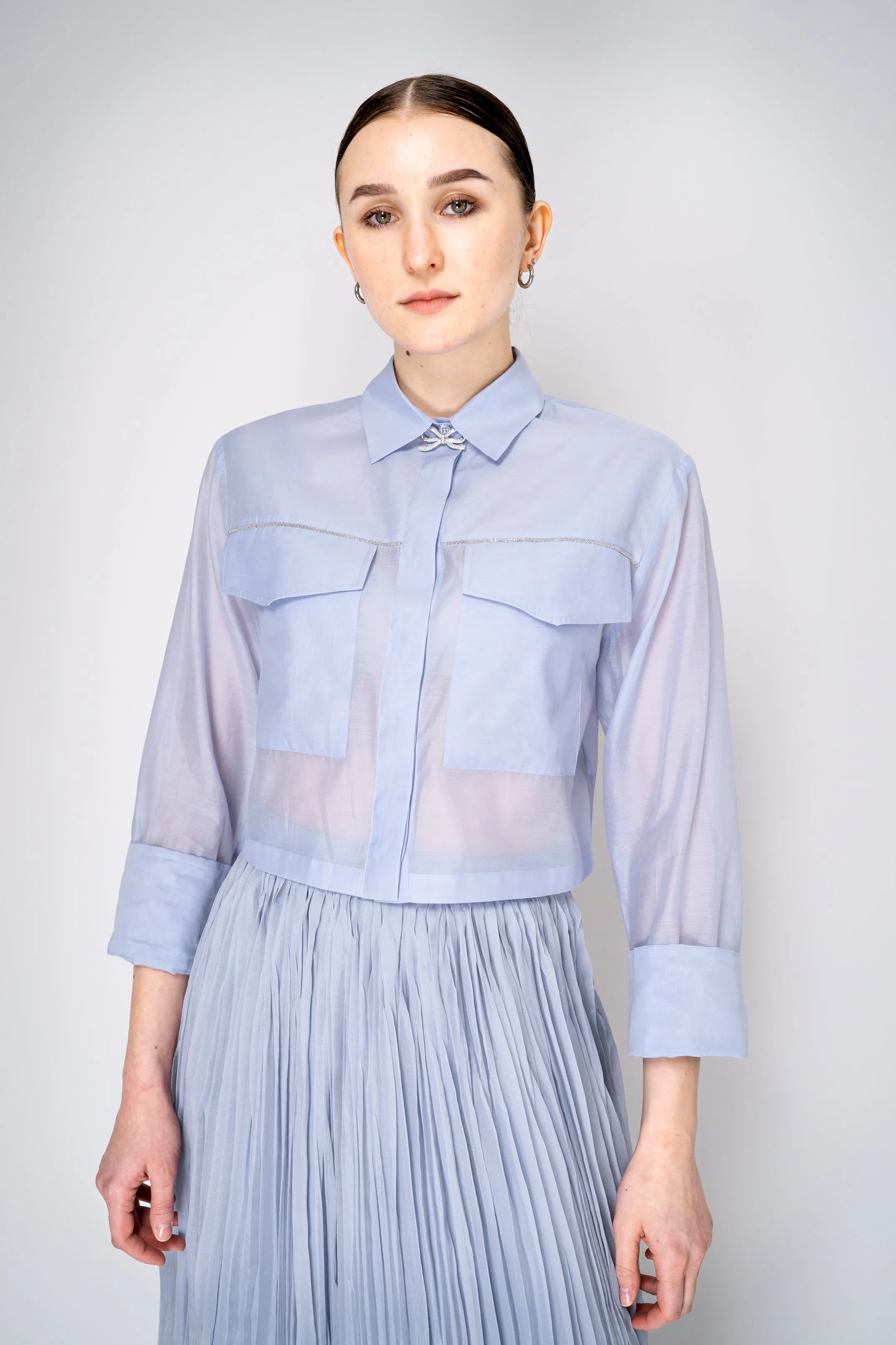 Peserico Cropped Lightweight Cotton Voile Blouse in Light Blue