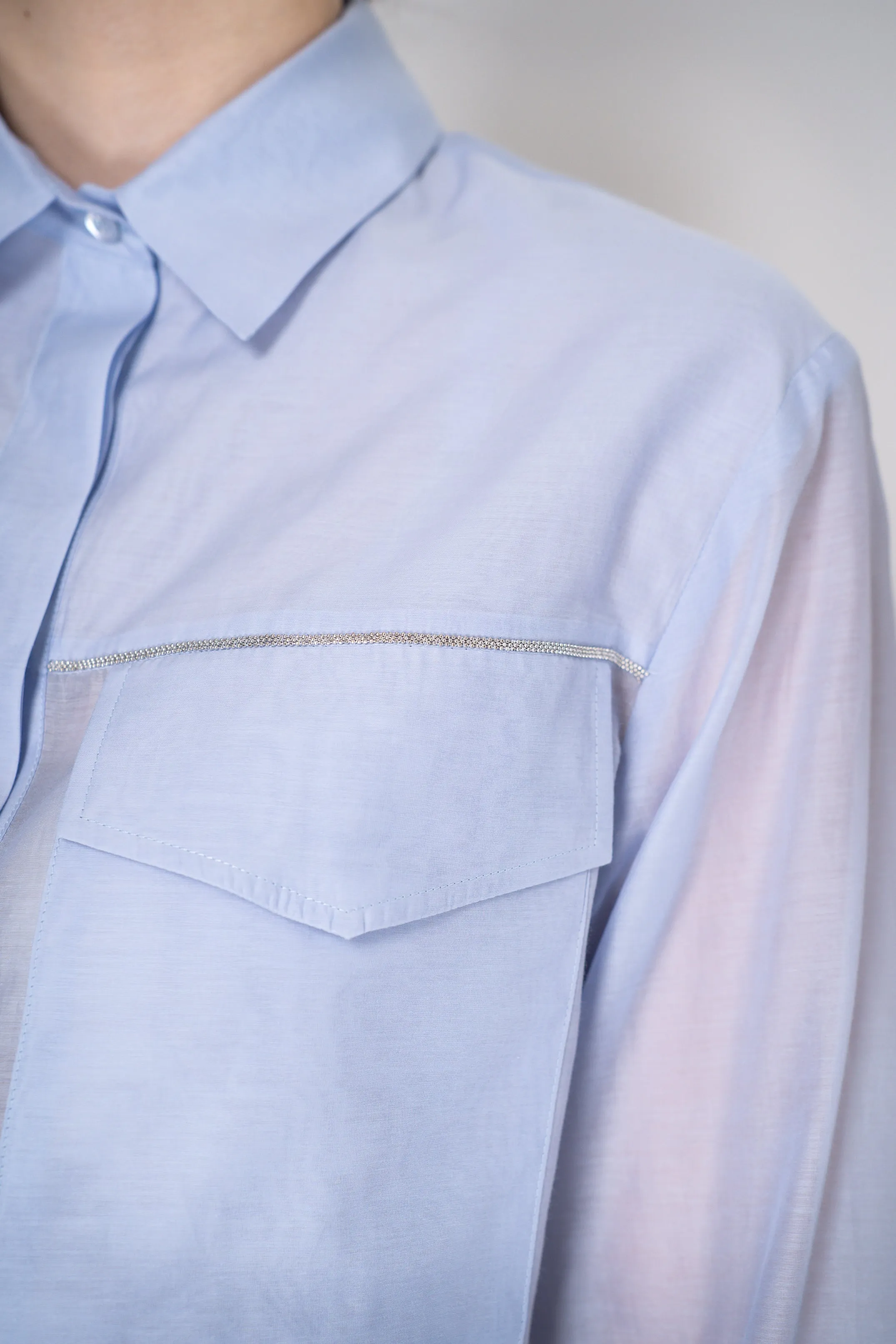 Peserico Cropped Lightweight Cotton Voile Blouse in Light Blue