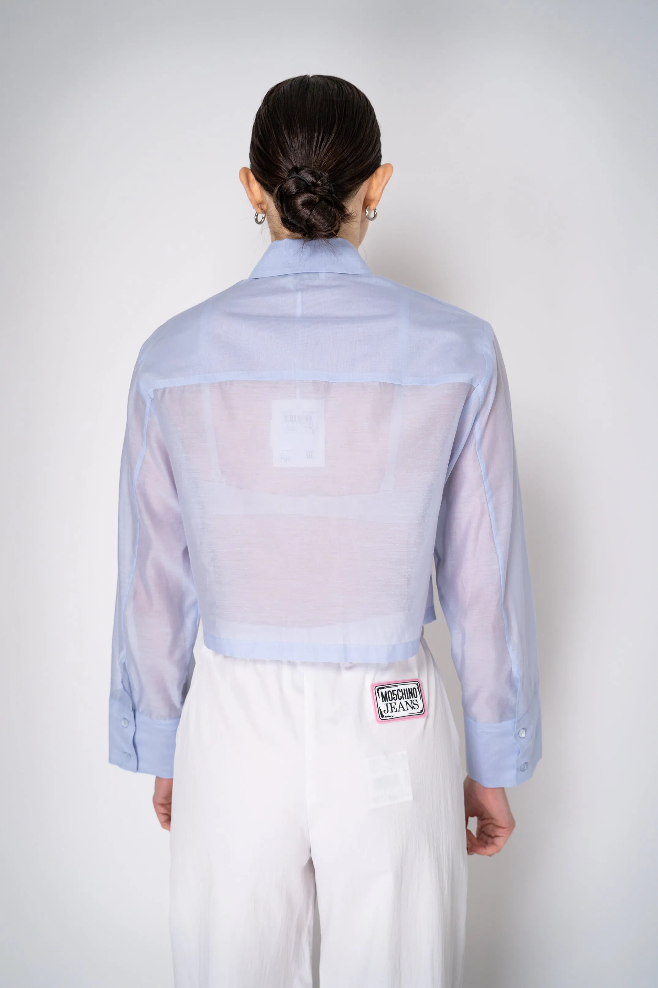 Peserico Cropped Lightweight Cotton Voile Blouse in Light Blue