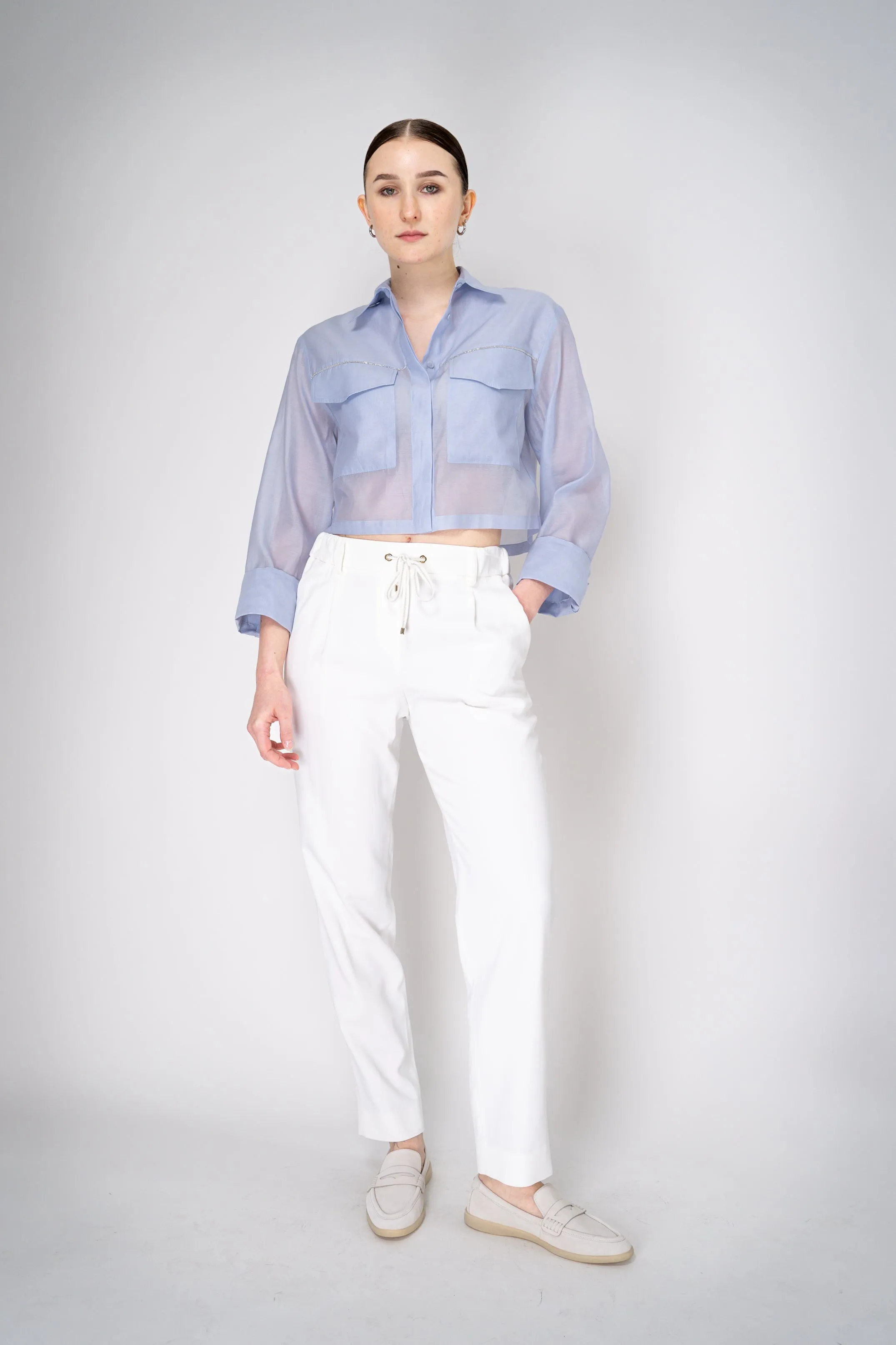 Peserico Cropped Lightweight Cotton Voile Blouse in Light Blue