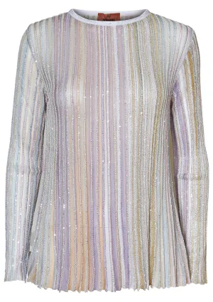 Pleated Crewneck Blouse With Sequins