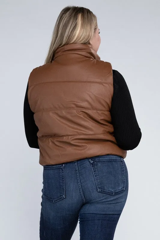 Plus Puff Vest | Solid Cropped Vest With Zipper Closure Side Pockets & High Neck