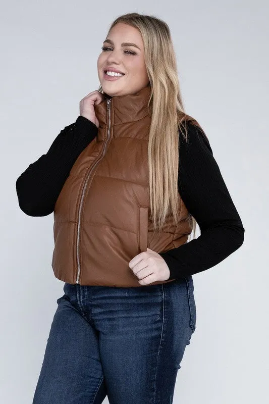Plus Puff Vest | Solid Cropped Vest With Zipper Closure Side Pockets & High Neck