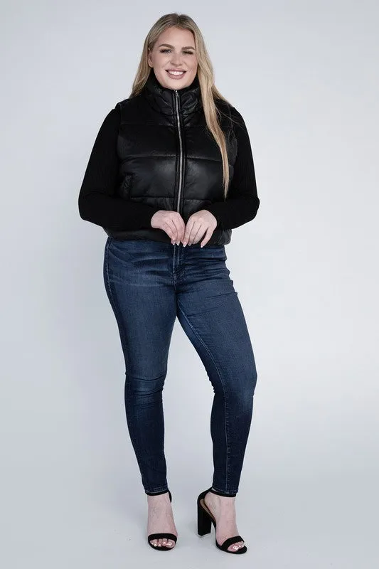 Plus Puff Vest | Solid Cropped Vest With Zipper Closure Side Pockets & High Neck