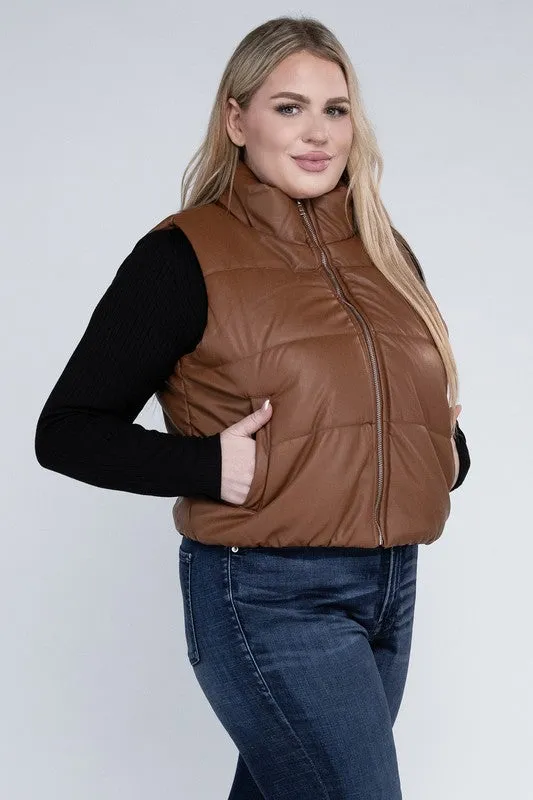 Plus Puff Vest | Solid Cropped Vest With Zipper Closure Side Pockets & High Neck