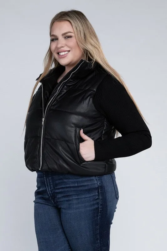 Plus Puff Vest | Solid Cropped Vest With Zipper Closure Side Pockets & High Neck