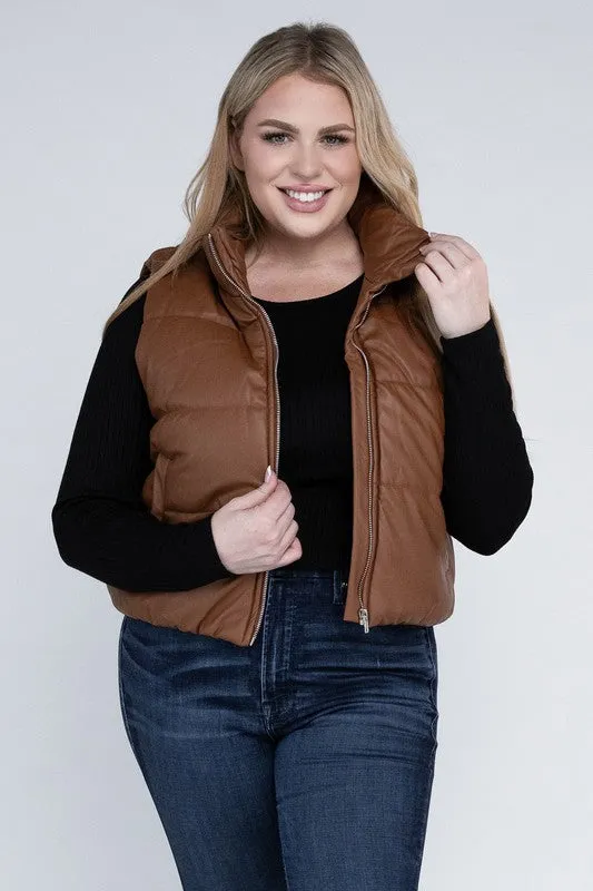 Plus Puff Vest | Solid Cropped Vest With Zipper Closure Side Pockets & High Neck