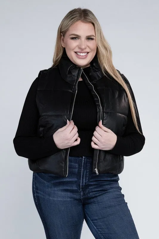 Plus Puff Vest | Solid Cropped Vest With Zipper Closure Side Pockets & High Neck