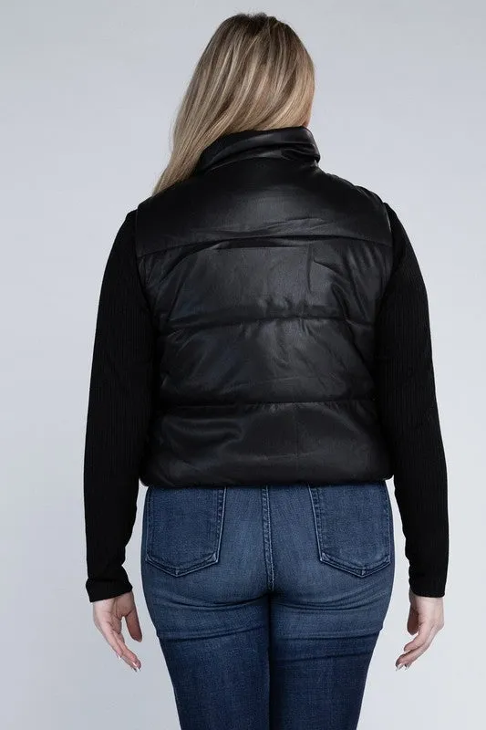 Plus Puff Vest | Solid Cropped Vest With Zipper Closure Side Pockets & High Neck