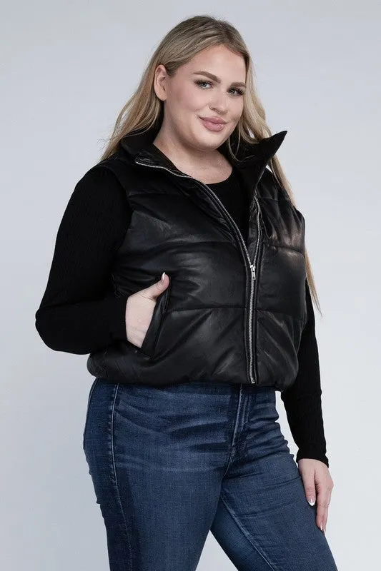 Plus Puff Vest | Solid Cropped Vest With Zipper Closure Side Pockets & High Neck