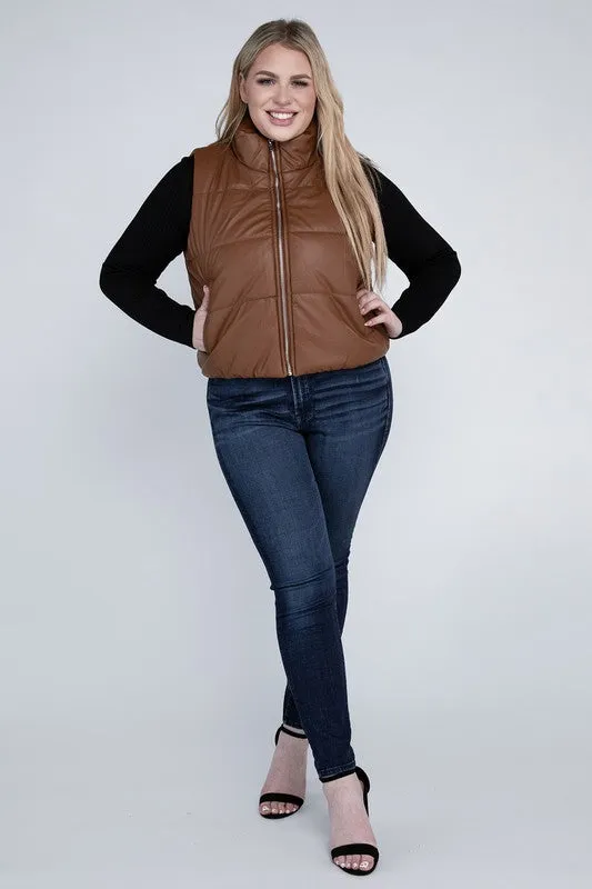 Plus Puff Vest | Solid Cropped Vest With Zipper Closure Side Pockets & High Neck