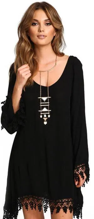 Plus Size Long Sleeve Tassel Black Short Dress
