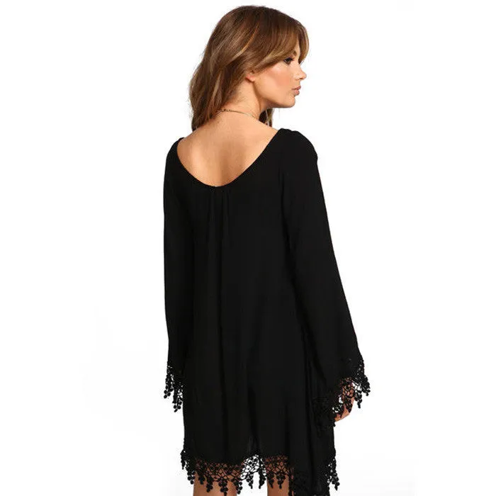 Plus Size Long Sleeve Tassel Black Short Dress