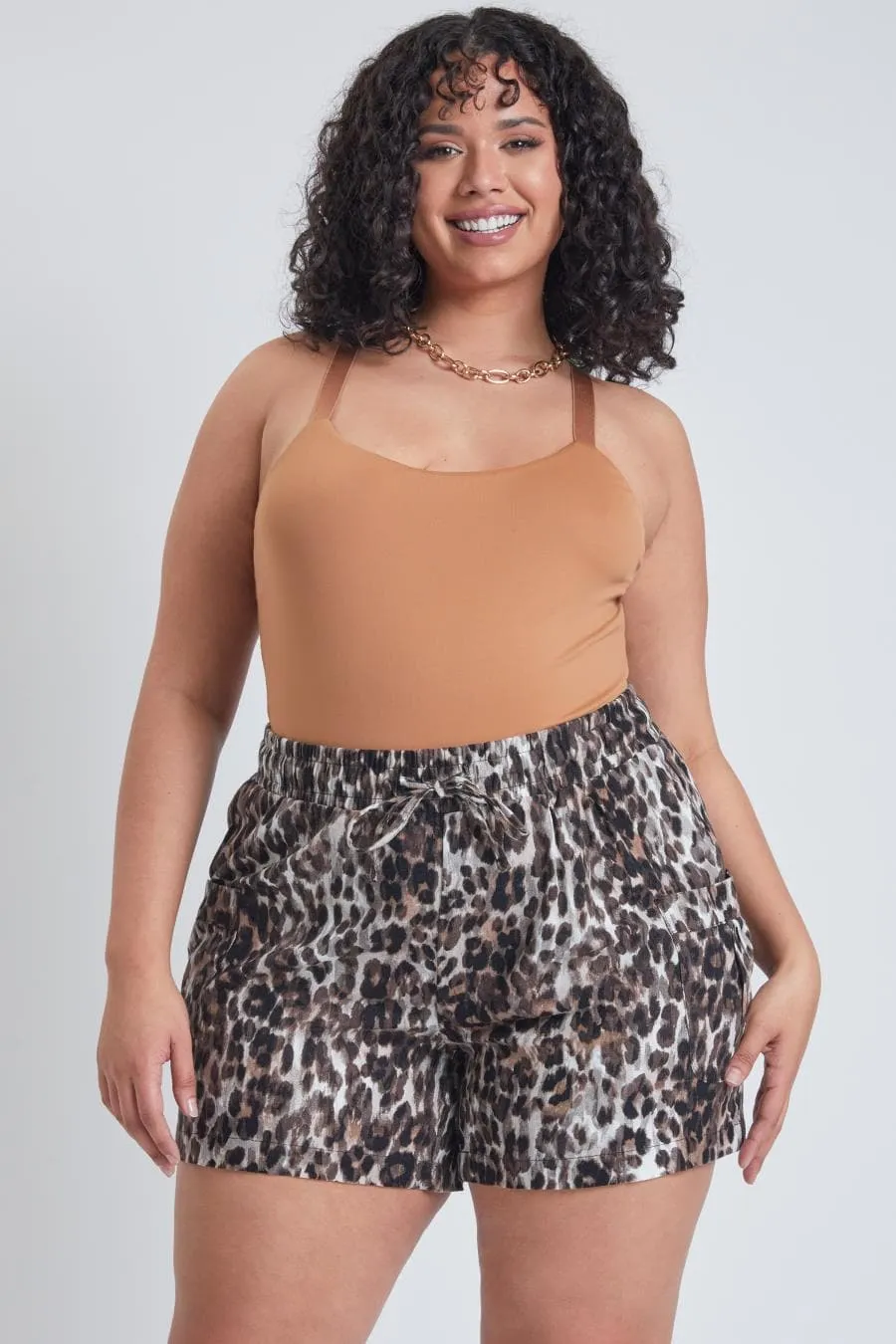 Plus Size Women's Linen Shorts With Shirred Patch Pockets