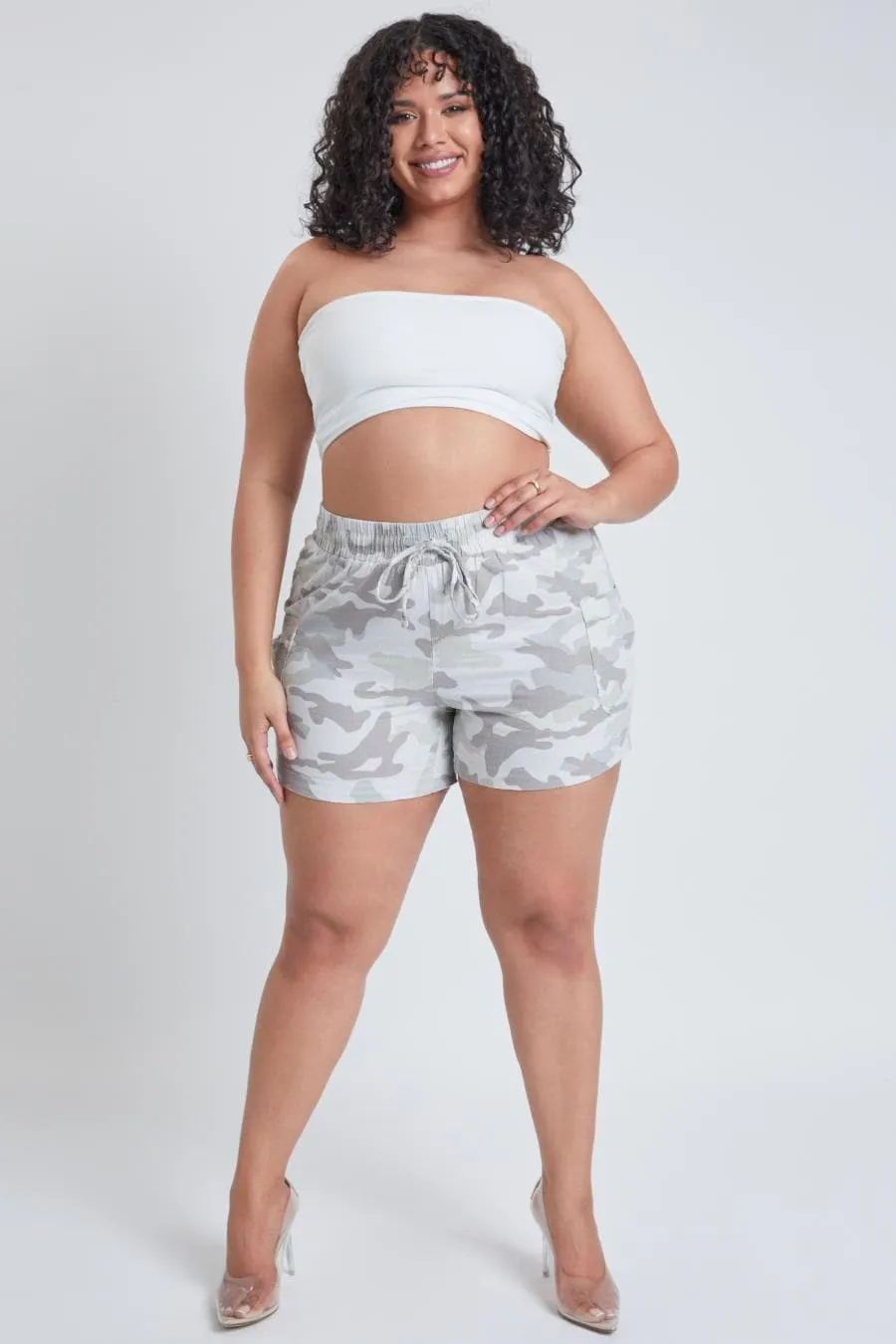 Plus Size Women's Linen Shorts With Shirred Patch Pockets