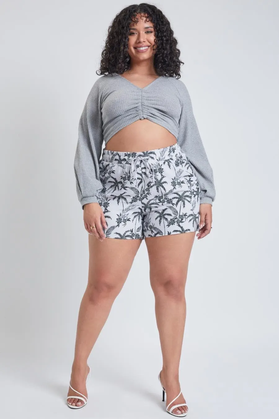 Plus Size Women's Linen Shorts With Shirred Patch Pockets