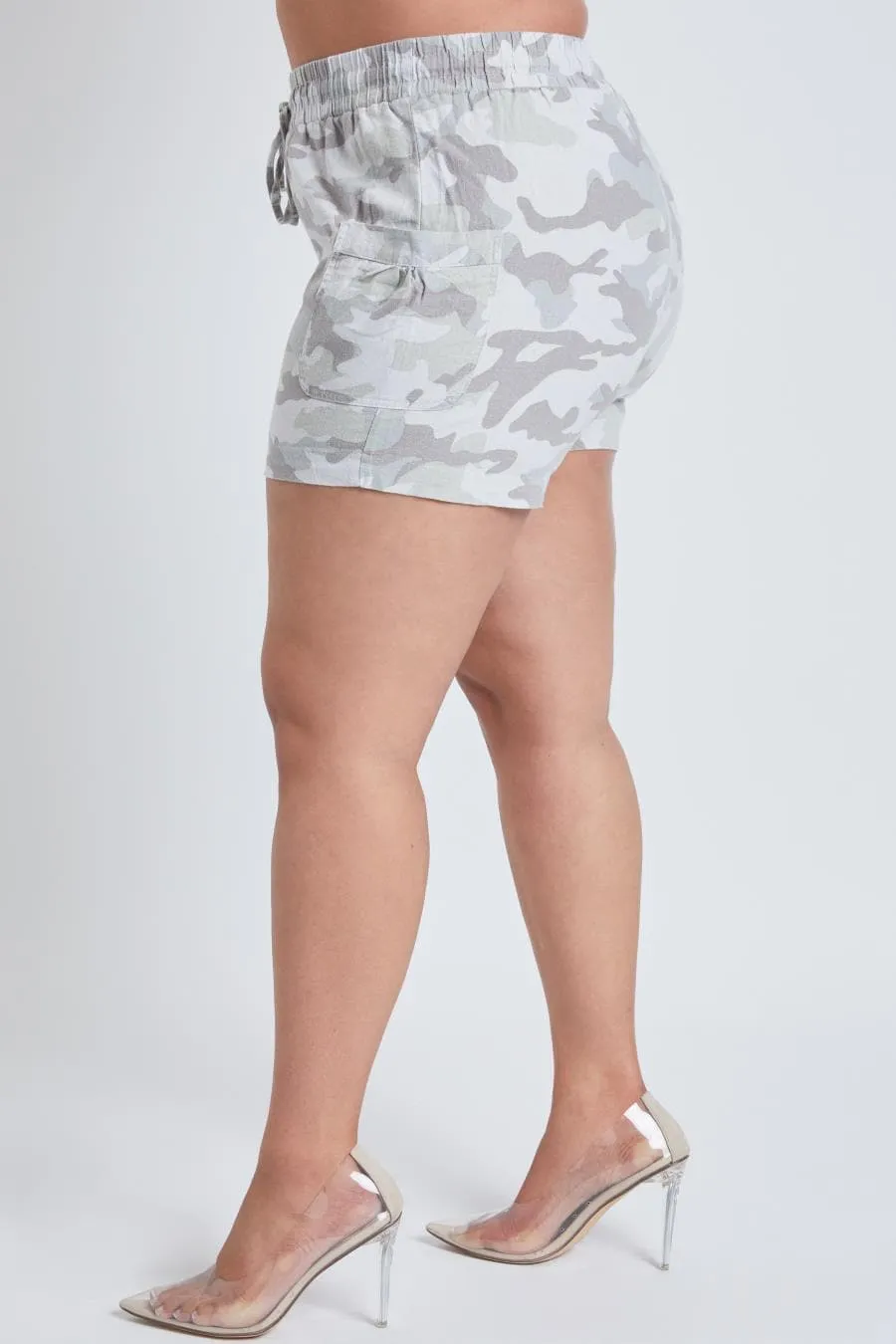 Plus Size Women's Linen Shorts With Shirred Patch Pockets