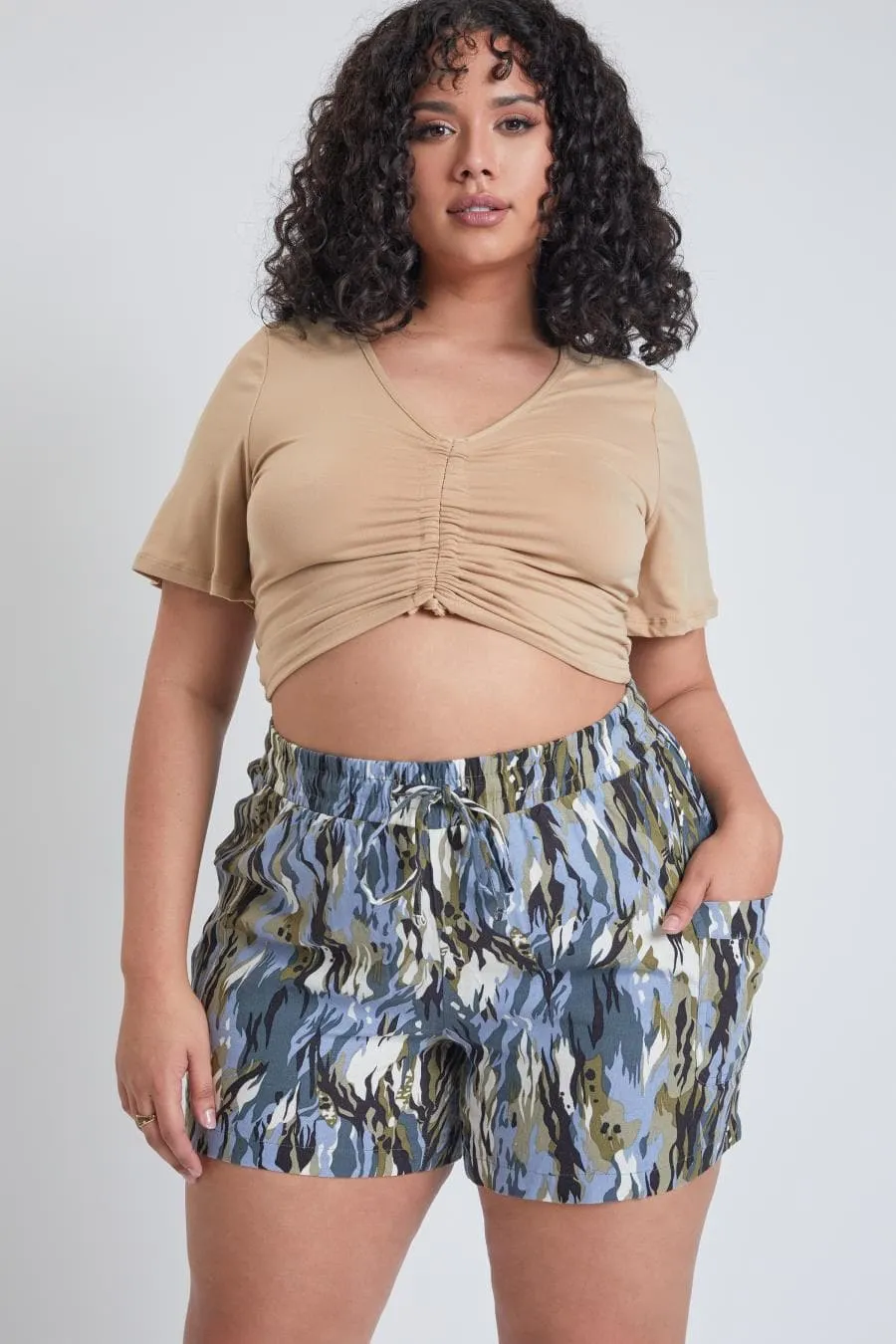 Plus Size Women's Linen Shorts With Shirred Patch Pockets