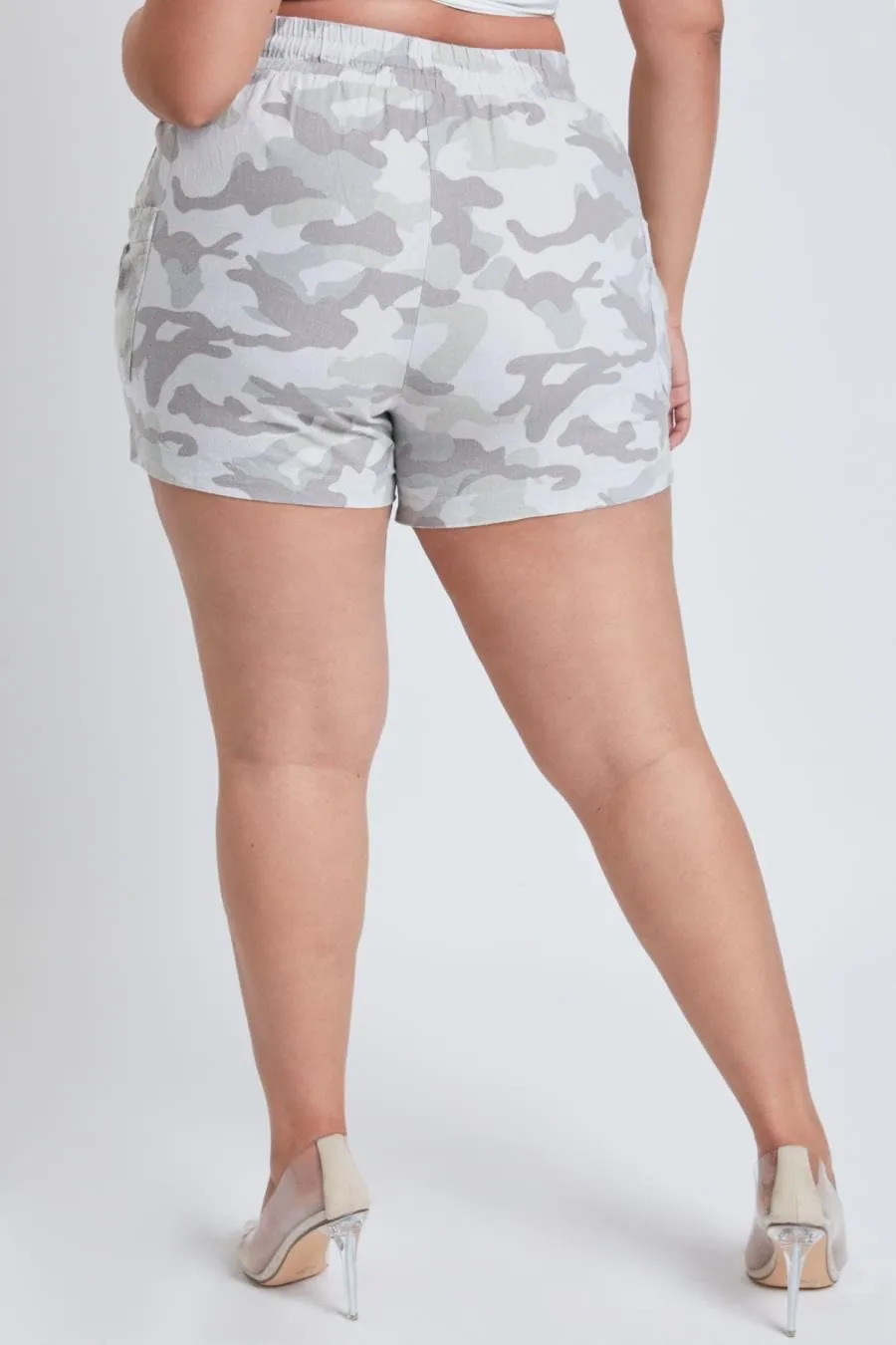 Plus Size Women's Linen Shorts With Shirred Patch Pockets