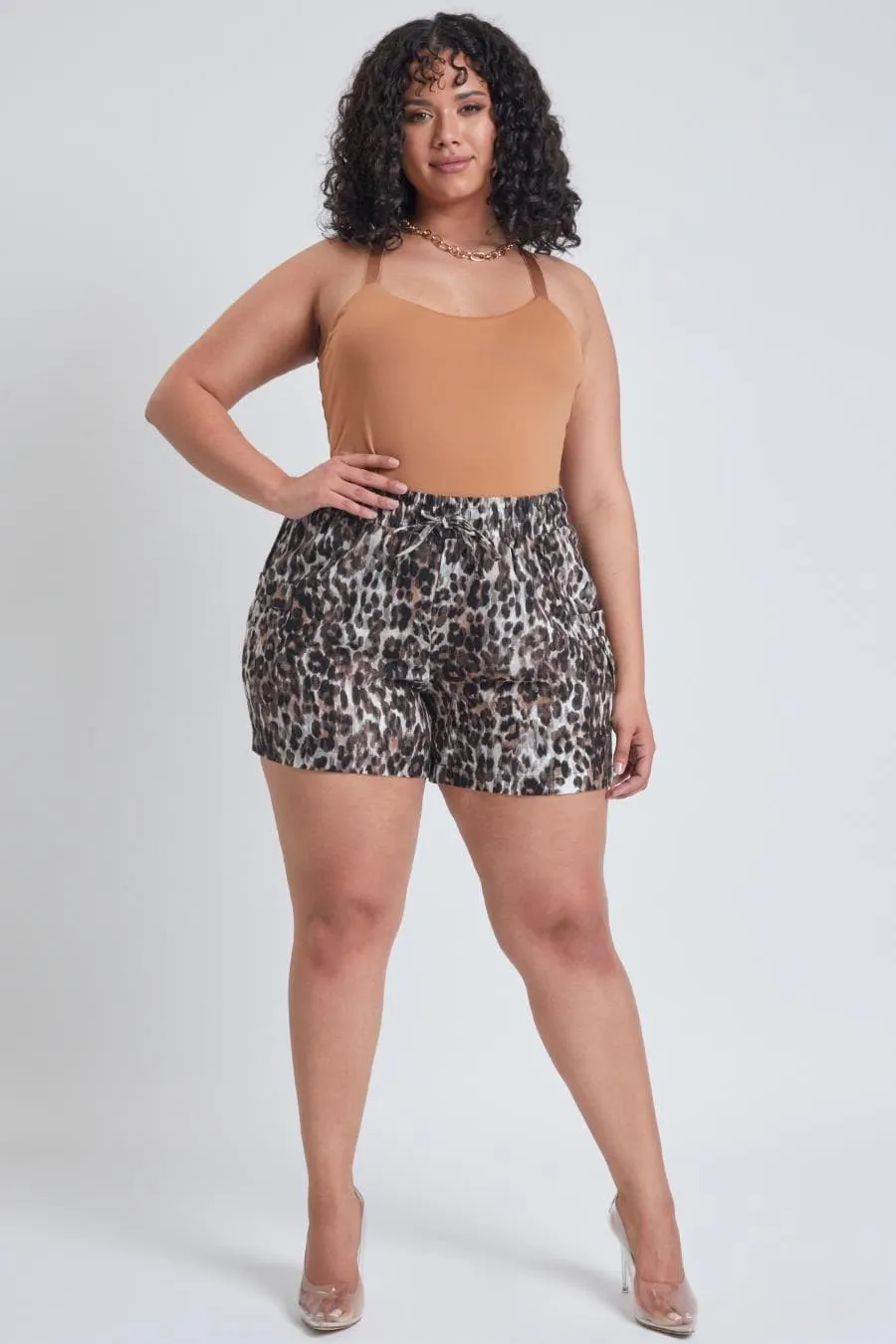 Plus Size Women's Linen Shorts With Shirred Patch Pockets