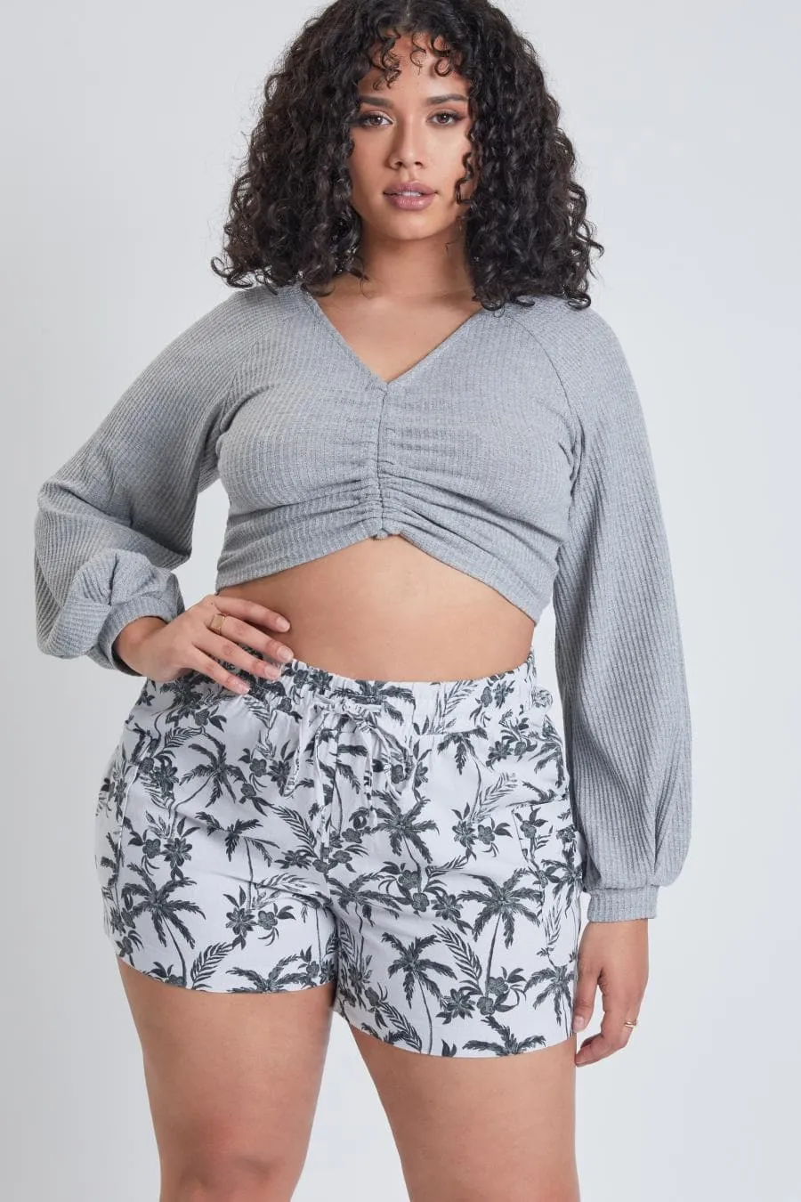 Plus Size Women's Linen Shorts With Shirred Patch Pockets