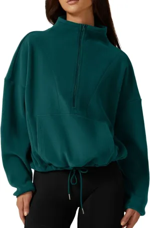 QINSEN Women Half Zip Fleece Sweatshirt Mock Neck Long Sleeve Winter Cozy Sherpa Pullover Sweater Tops