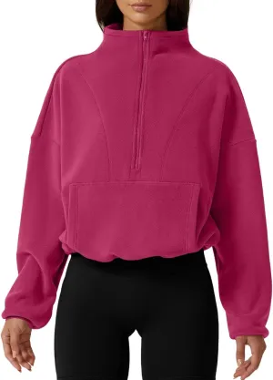QINSEN Women Half Zip Fleece Sweatshirt Mock Neck Long Sleeve Winter Cozy Sherpa Pullover Sweater Tops
