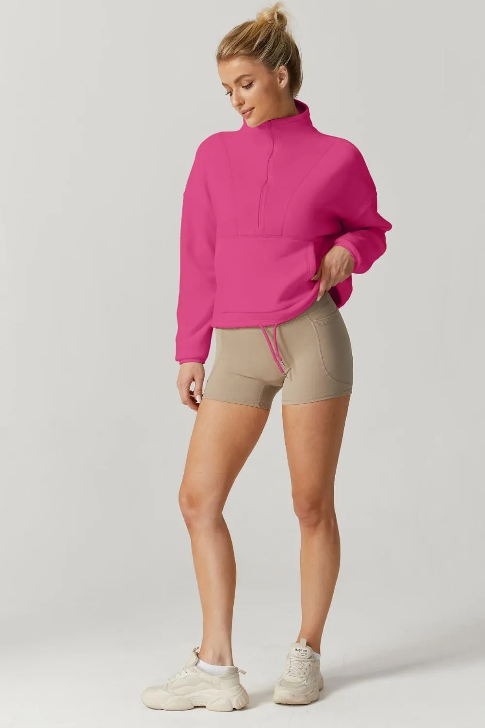 QINSEN Women Half Zip Fleece Sweatshirt Mock Neck Long Sleeve Winter Cozy Sherpa Pullover Sweater Tops