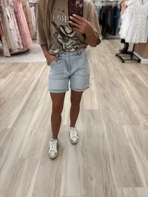 R High Rise Patch Pocket Cuffed Relaxed Denim Shorts
