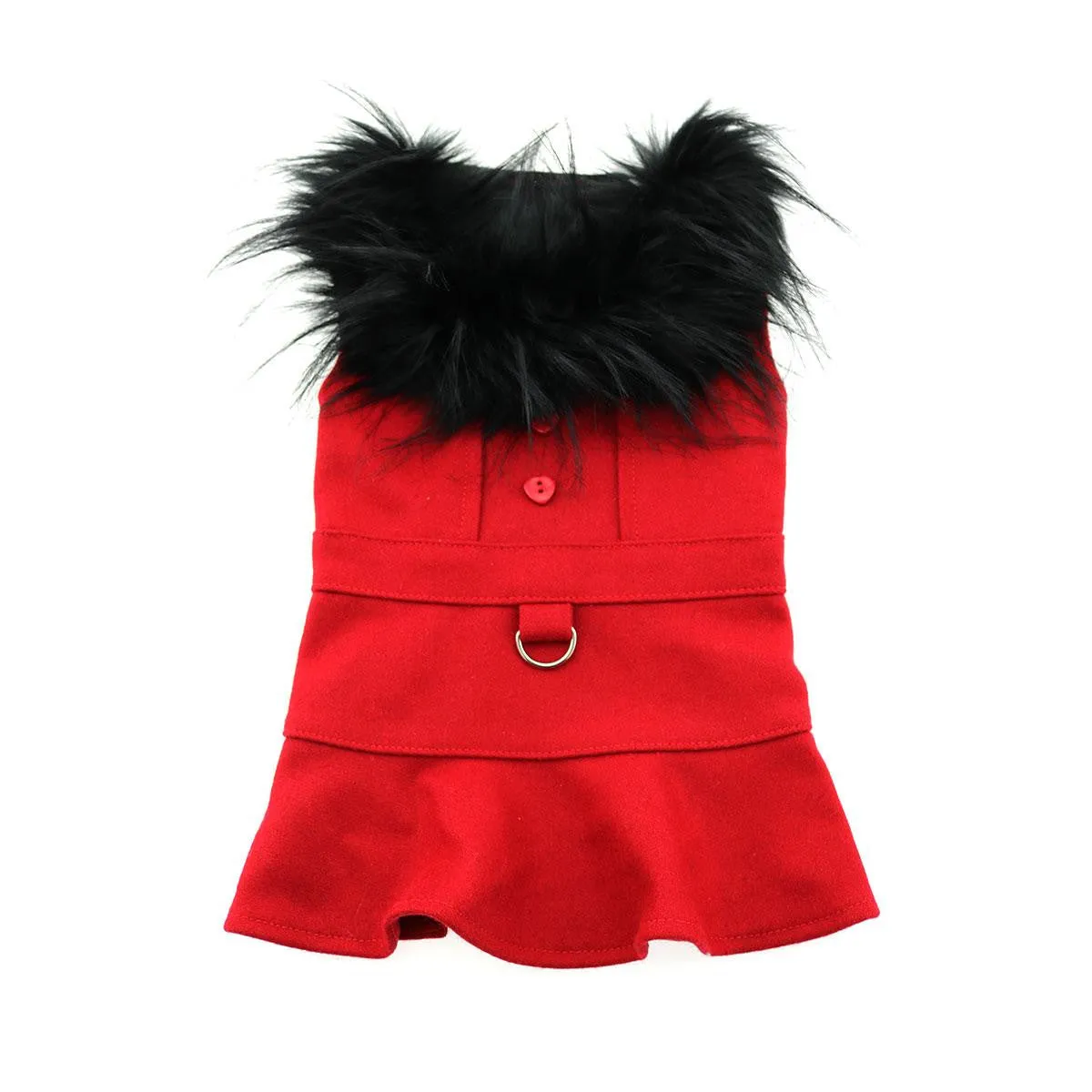 RED WOOL FUR TRIMMED DOG HARNESS & COAT W/ LEASH SET