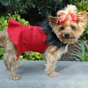 RED WOOL FUR TRIMMED DOG HARNESS & COAT W/ LEASH SET