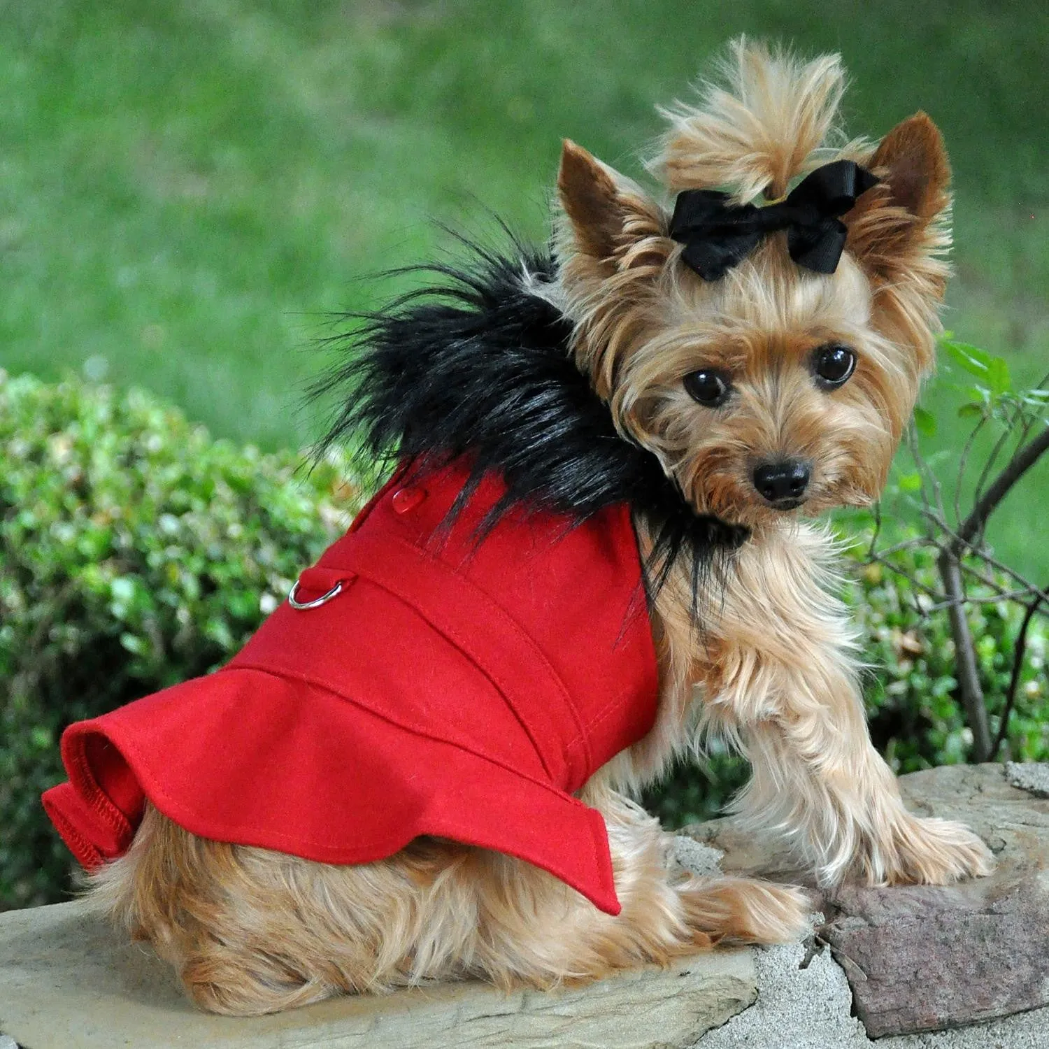 RED WOOL FUR TRIMMED DOG HARNESS & COAT W/ LEASH SET