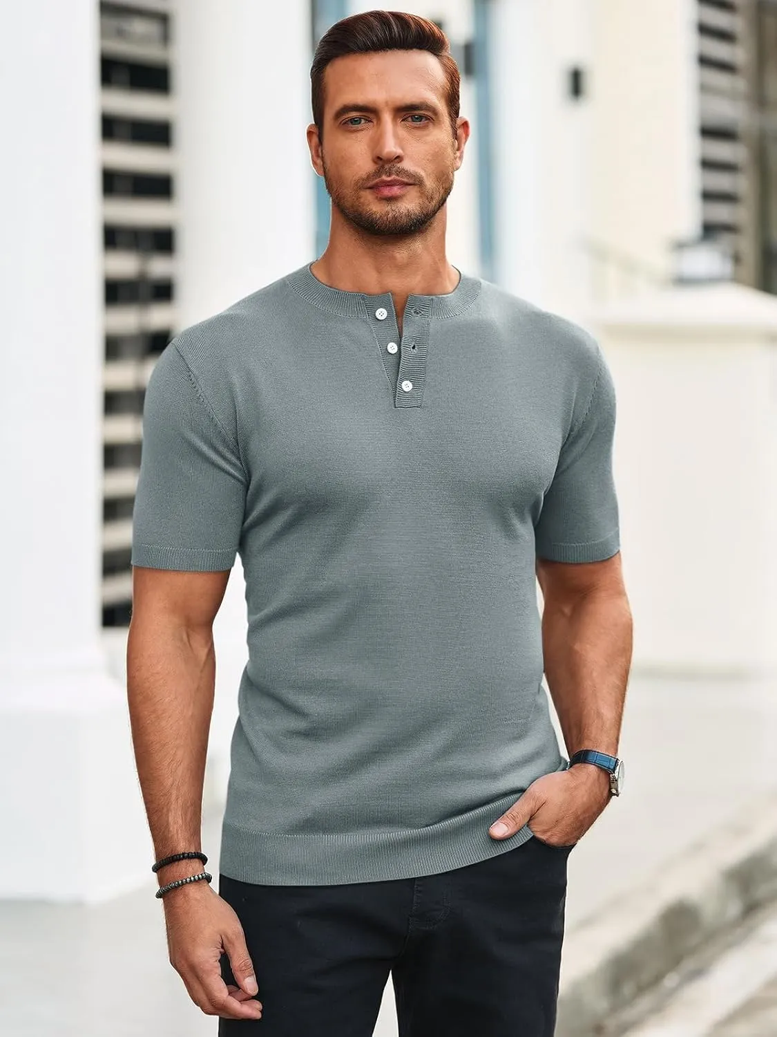 Runcati Mens Knit Henley Shirt Short Sleeve Casual Slim Fit T-Shirts Lightweight Pullover Tops