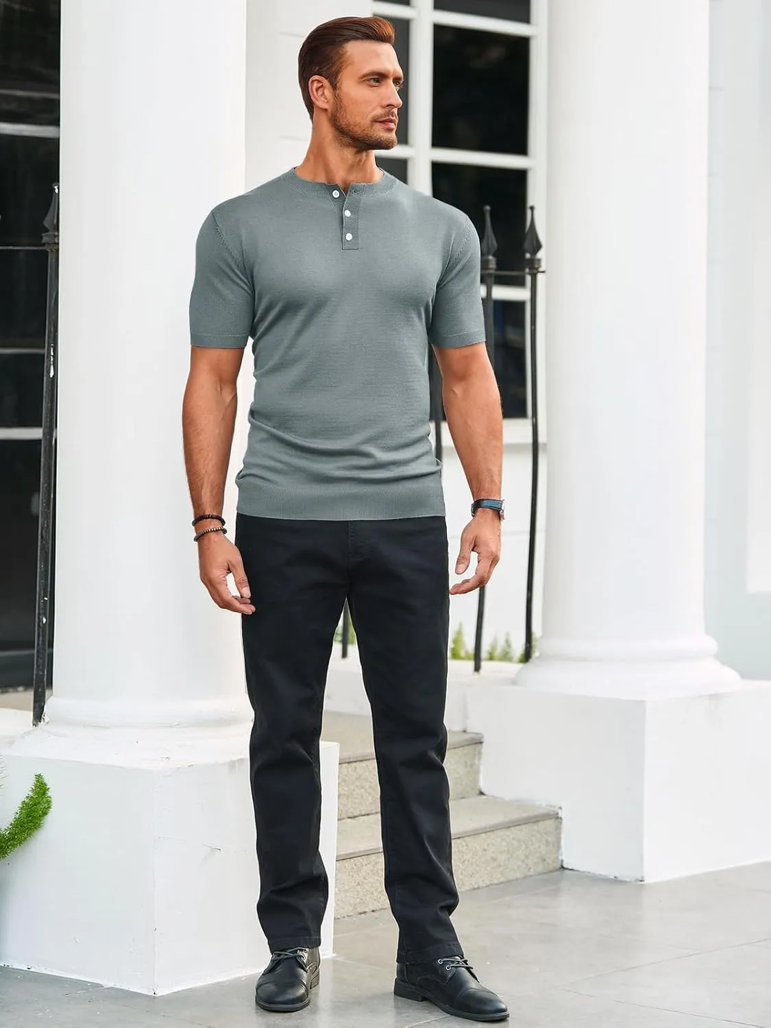Runcati Mens Knit Henley Shirt Short Sleeve Casual Slim Fit T-Shirts Lightweight Pullover Tops
