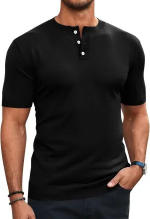 Runcati Mens Knit Henley Shirt Short Sleeve Casual Slim Fit T-Shirts Lightweight Pullover Tops