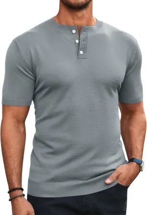 Runcati Mens Knit Henley Shirt Short Sleeve Casual Slim Fit T-Shirts Lightweight Pullover Tops
