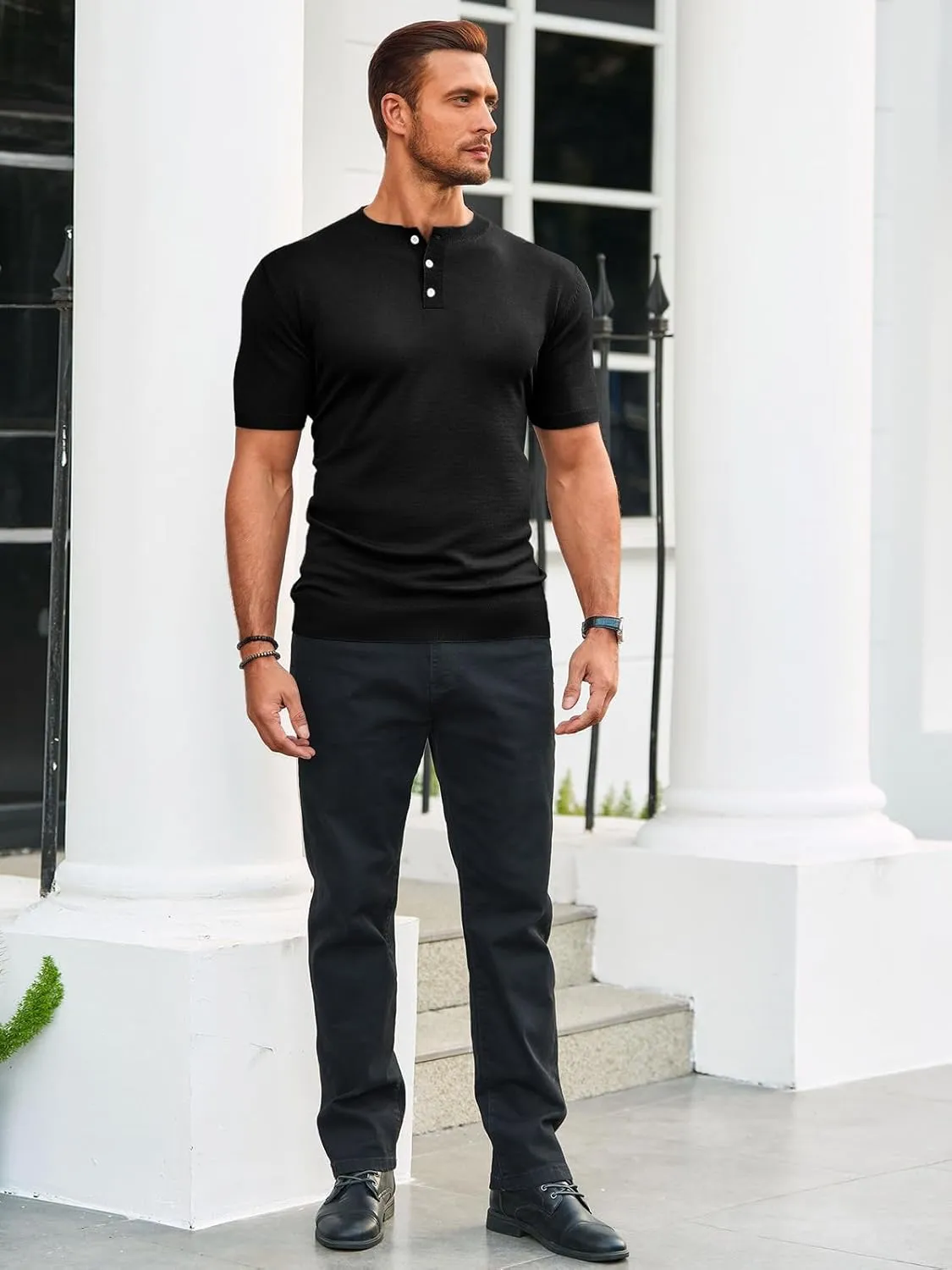 Runcati Mens Knit Henley Shirt Short Sleeve Casual Slim Fit T-Shirts Lightweight Pullover Tops