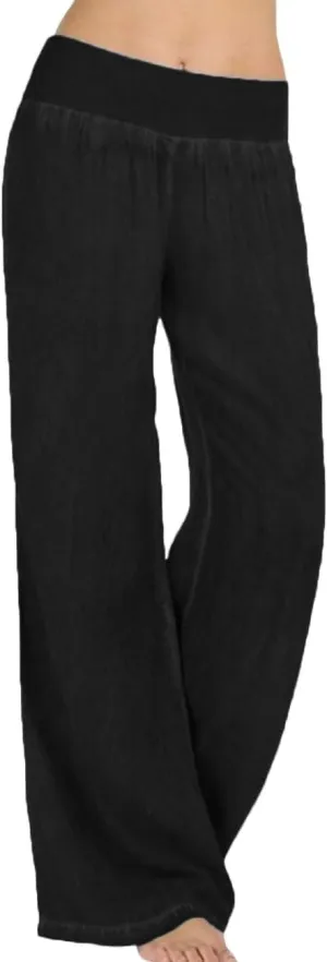 SEMATOMALA Women's Denim Blue Wide Leg Pants Wide Waistband Elastic Waist Trousers High Waist Pull-on Palazzo Pants
