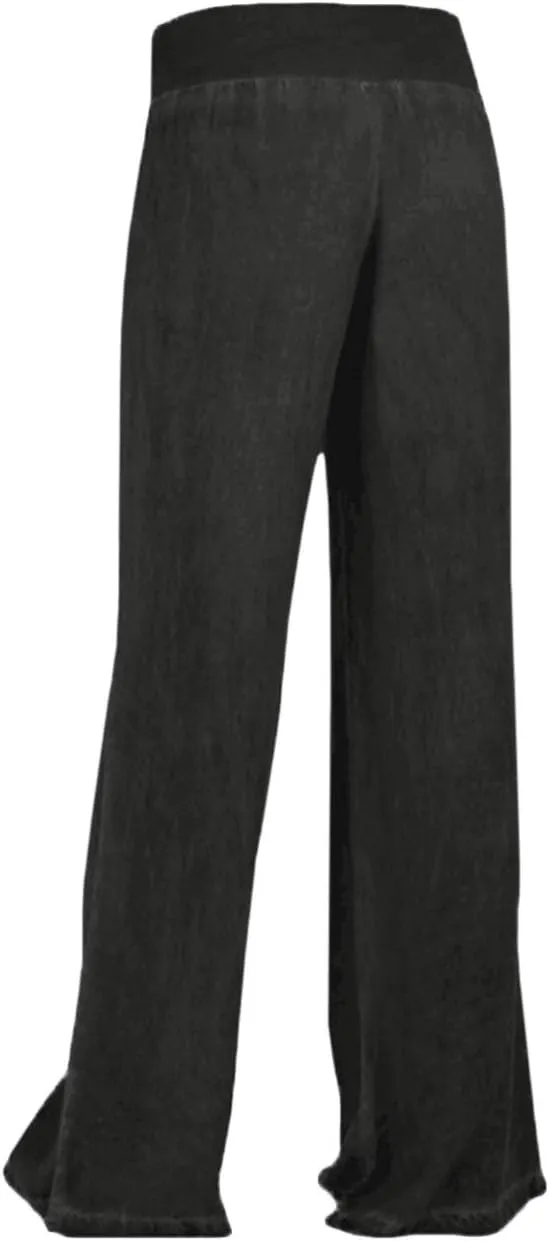 SEMATOMALA Women's Denim Blue Wide Leg Pants Wide Waistband Elastic Waist Trousers High Waist Pull-on Palazzo Pants