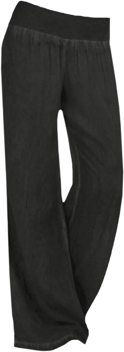 SEMATOMALA Women's Denim Blue Wide Leg Pants Wide Waistband Elastic Waist Trousers High Waist Pull-on Palazzo Pants