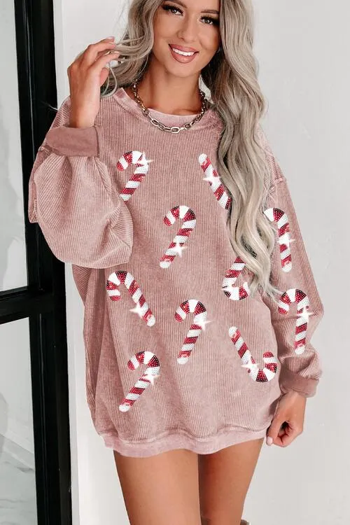 Sequin Candy Cane Round Neck Sweatshirt